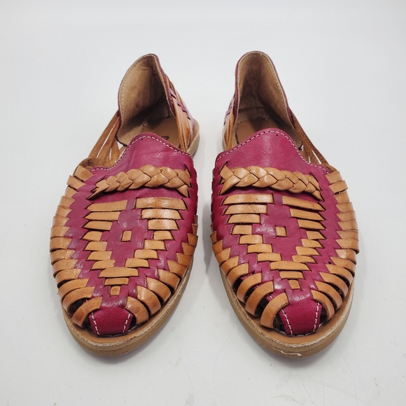 Punto & Coma Mexican Leather Huarache Pink/Brown/Tan Boho Woven Sandals Shoes - Picture 2 of 7